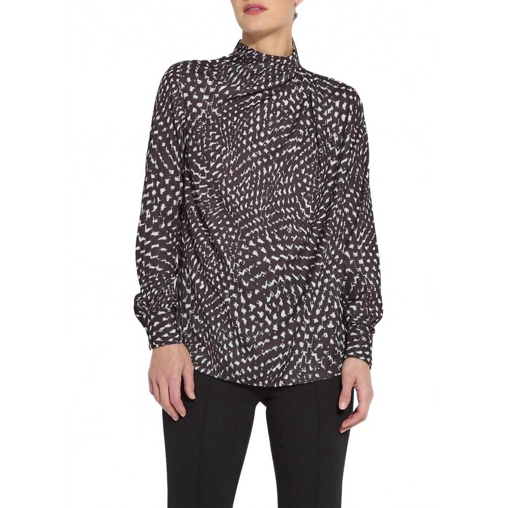 NEW LYSSE topacio embellished high neck satin blouse in blizzard check